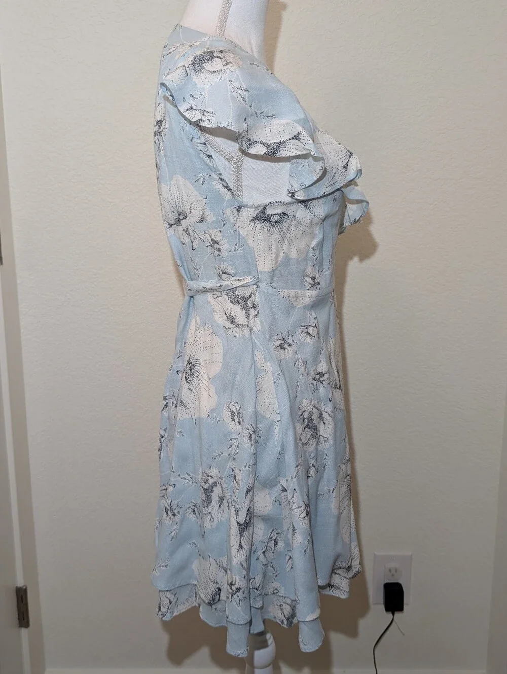 Free People Light Blue Floral French Quarter Mini Wrap Dress